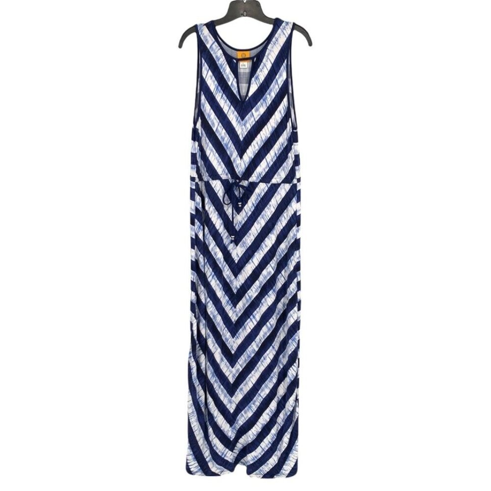 Ruby Rd Womens L Maxi Dress Sleeveless Blue White Chevron Print Drawstring Beach